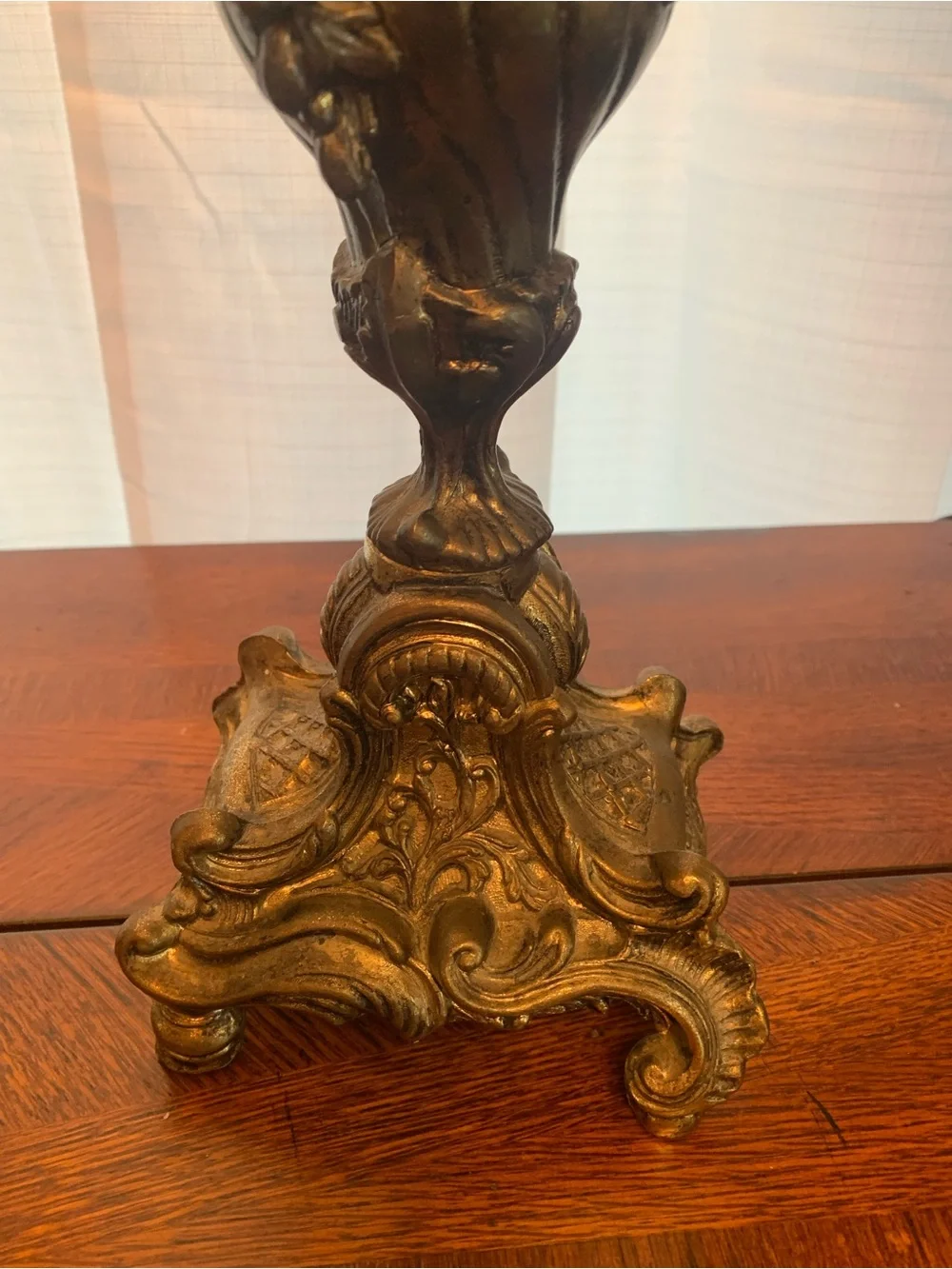 Antique-Style Ornate Brass Candelabra Pair with Red Crystal Drops